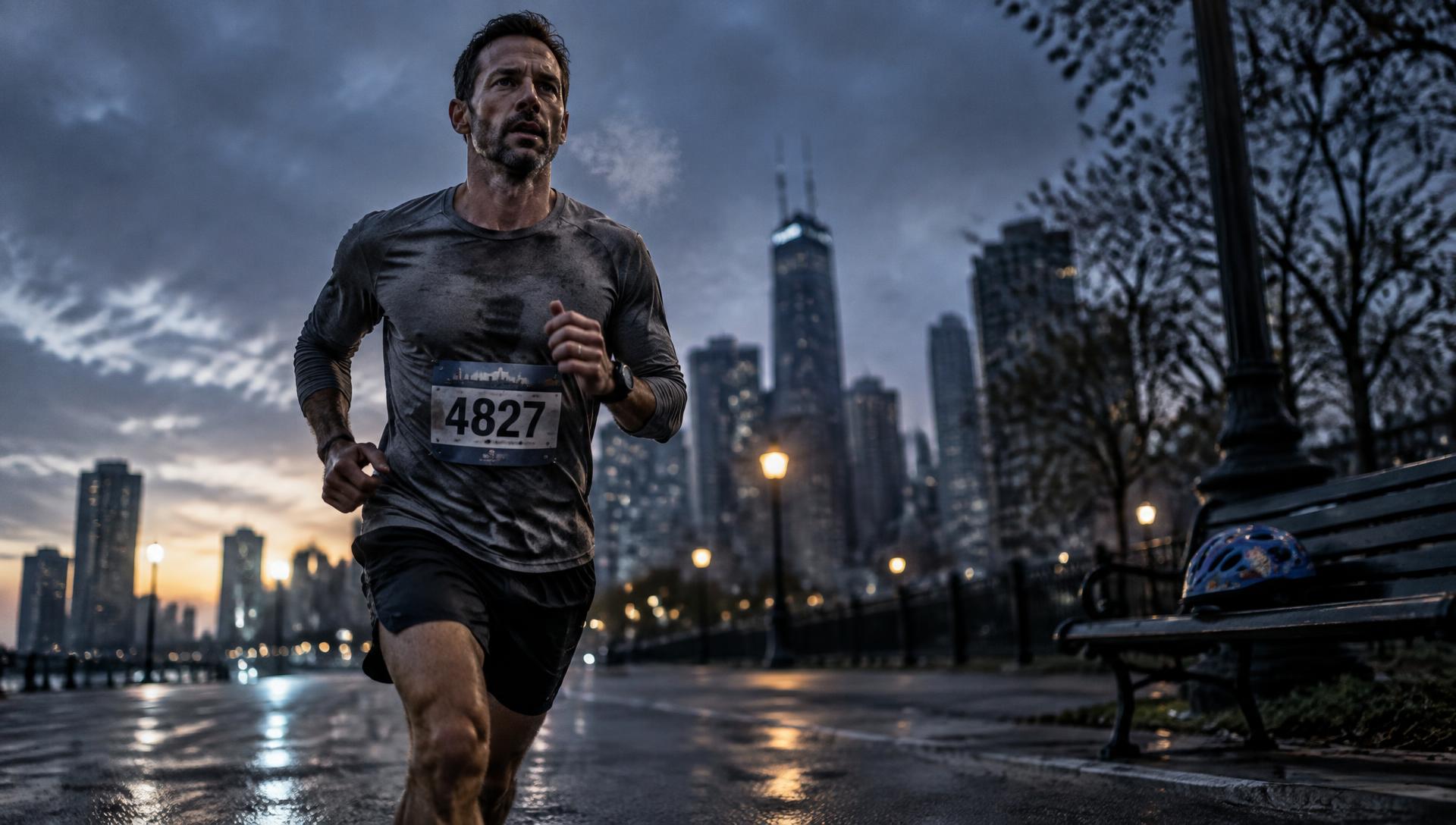 A dad running a race through the city at dawn, his kid's bike helmet on a bench behind him